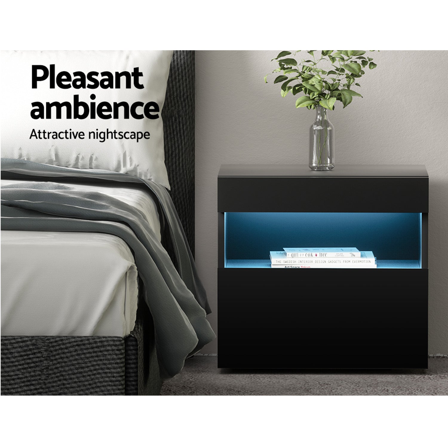 Artiss 2x Bedside Table LED - HERES Black-Furniture > Bedroom > Bedside Tables-PEROZ Accessories