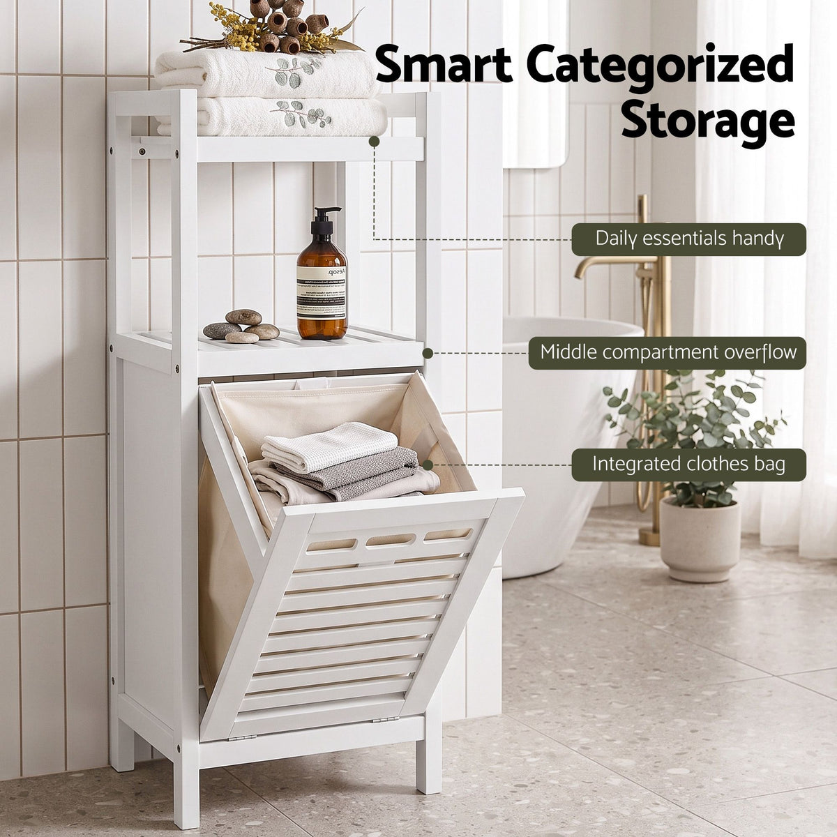 Artiss Bathroom Storage Cabinet Tilt Out Laundry Hamper Tall Organiser White-Furniture > Bathroom > Bathroom Cabinets, Cupboards &amp; Storage-PEROZ Accessories