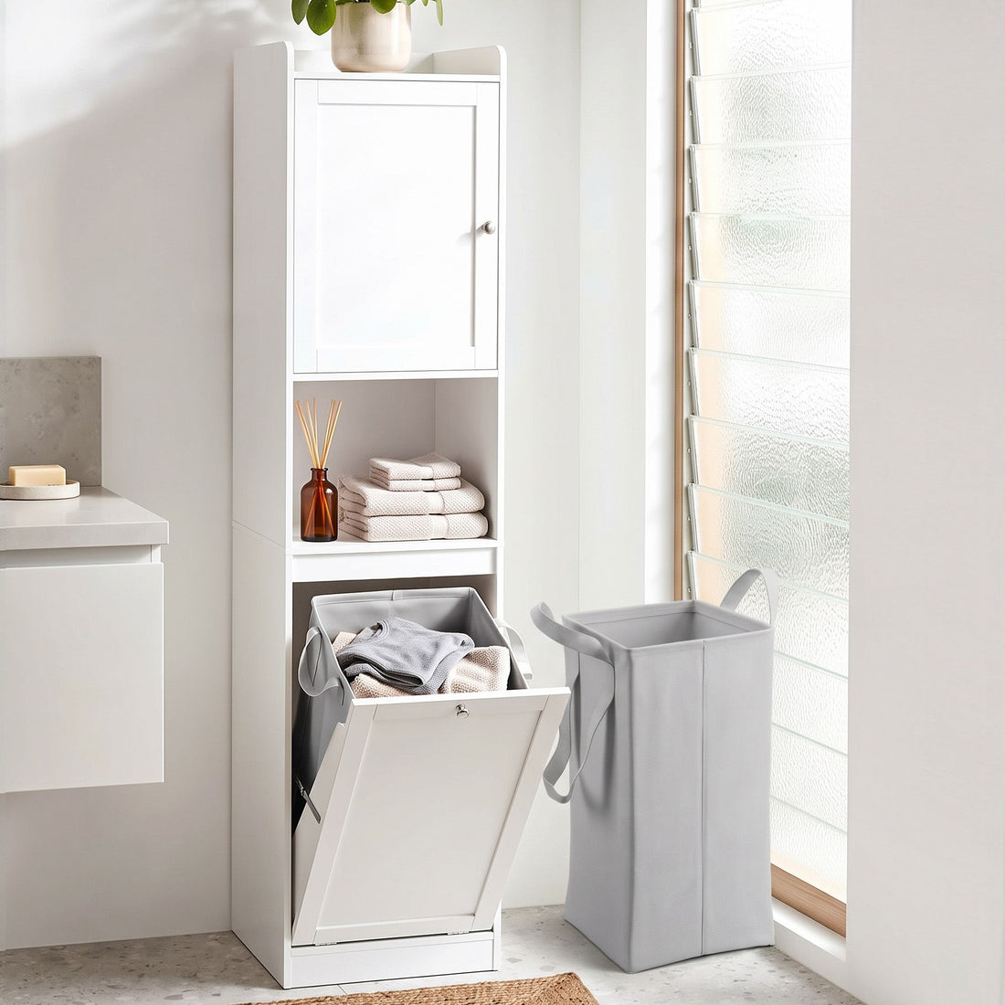 Artiss Tall Bathroom Storage Cabinet with Tilt Out Laundry Hamper White 170cm-Furniture > Bathroom > Bathroom Cabinets, Cupboards &amp; Storage-PEROZ Accessories