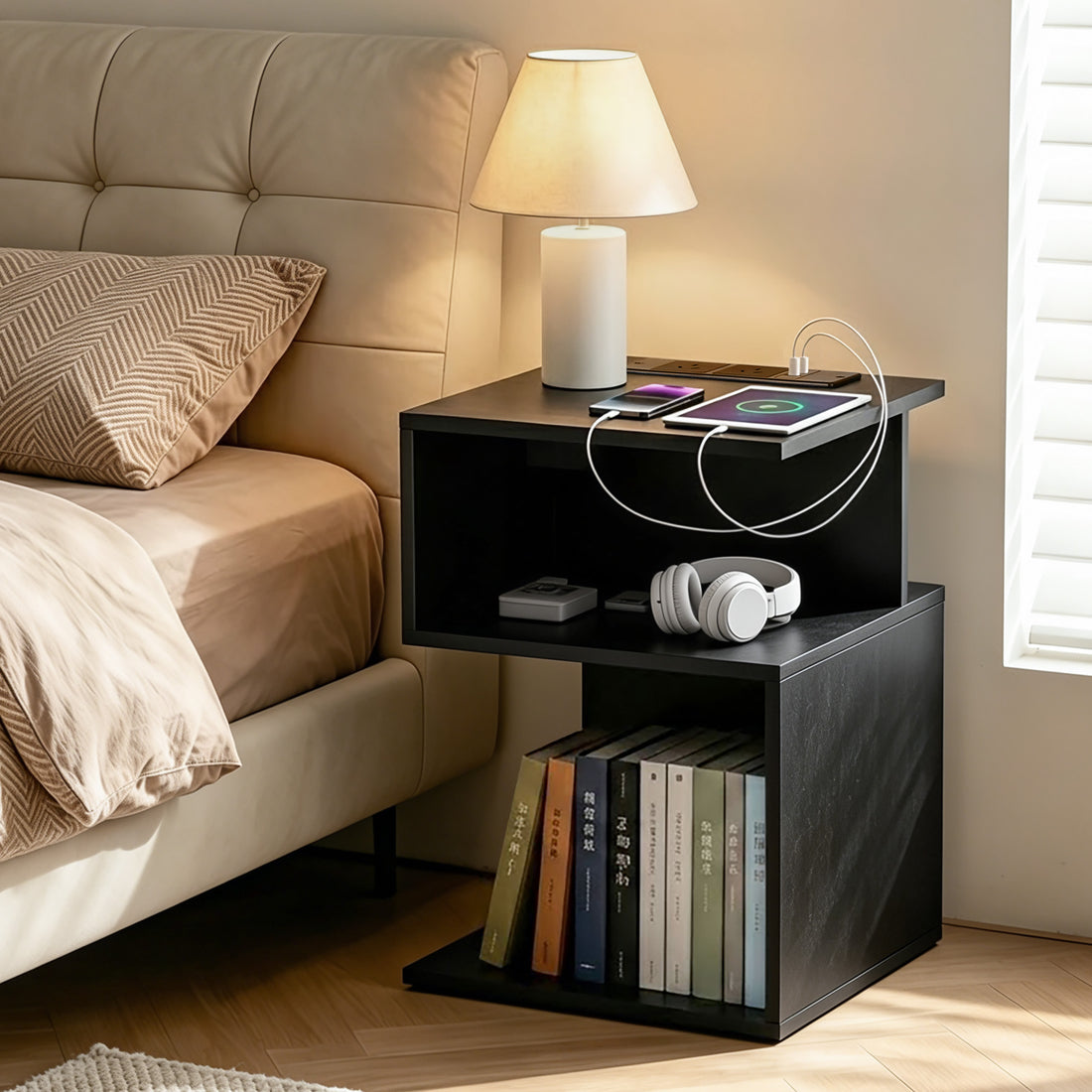 Artiss Bedside Table 2 Shelves S-Shaped Charging Station Black-Furniture > Bedroom > Bedside Tables-PEROZ Accessories