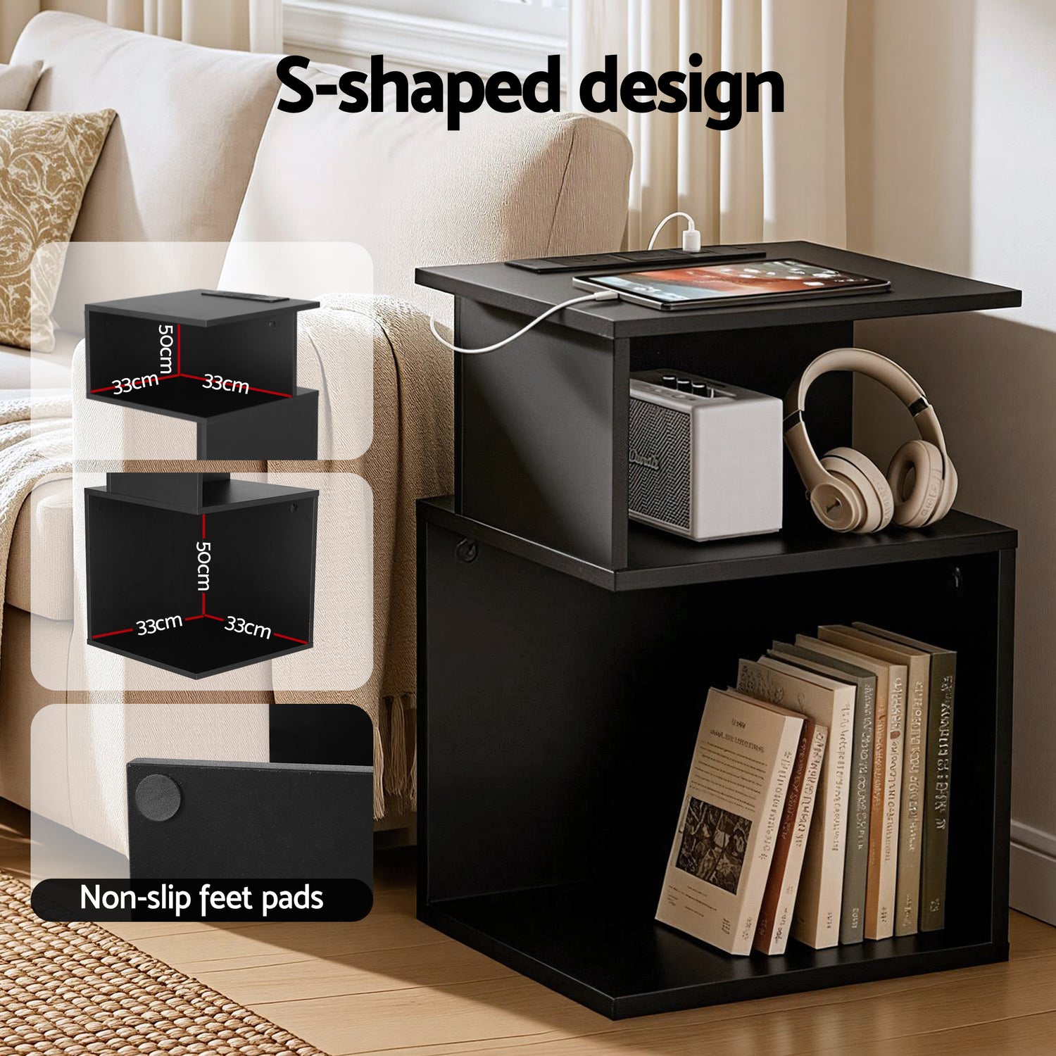 Artiss Bedside Table 2 Shelves S-Shaped Charging Station Black-Furniture > Bedroom > Bedside Tables-PEROZ Accessories
