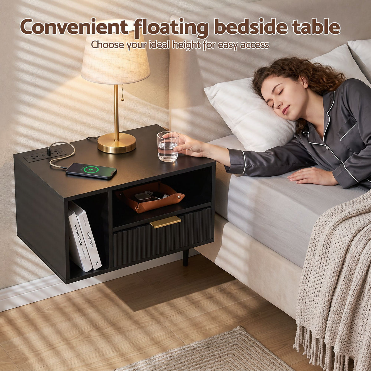 Artiss Floating Bedside Table with Charging Station Black Nightstand 1 Drawer-Furniture > Bedroom > Bedside Tables-PEROZ Accessories