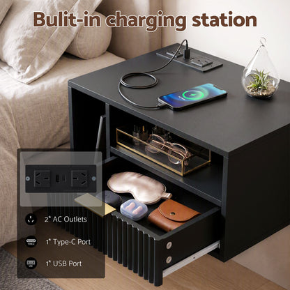 Artiss Floating Bedside Table with Charging Station Black Nightstand 1 Drawer-Furniture > Bedroom > Bedside Tables-PEROZ Accessories