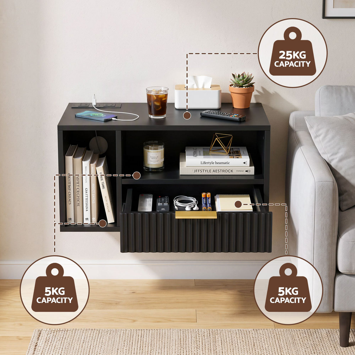 Artiss Floating Bedside Table with Charging Station Black Nightstand 1 Drawer-Furniture > Bedroom > Bedside Tables-PEROZ Accessories