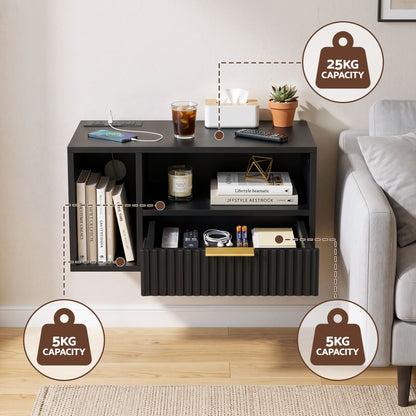 Artiss Floating Bedside Table with Charging Station Black Nightstand 1 Drawer-Furniture > Bedroom > Bedside Tables-PEROZ Accessories