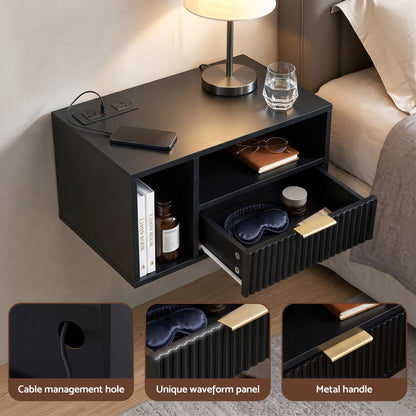 Artiss Floating Bedside Table with Charging Station Black Nightstand 1 Drawer-Furniture > Bedroom > Bedside Tables-PEROZ Accessories