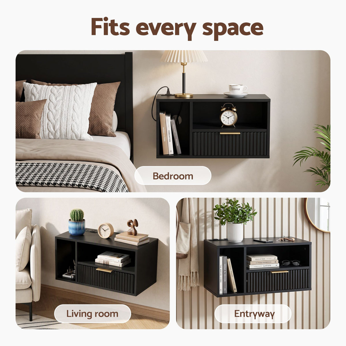 Artiss Floating Bedside Table with Charging Station Black Nightstand 1 Drawer-Furniture > Bedroom > Bedside Tables-PEROZ Accessories