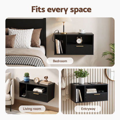 Artiss Floating Bedside Table with Charging Station Black Nightstand 1 Drawer-Furniture > Bedroom > Bedside Tables-PEROZ Accessories