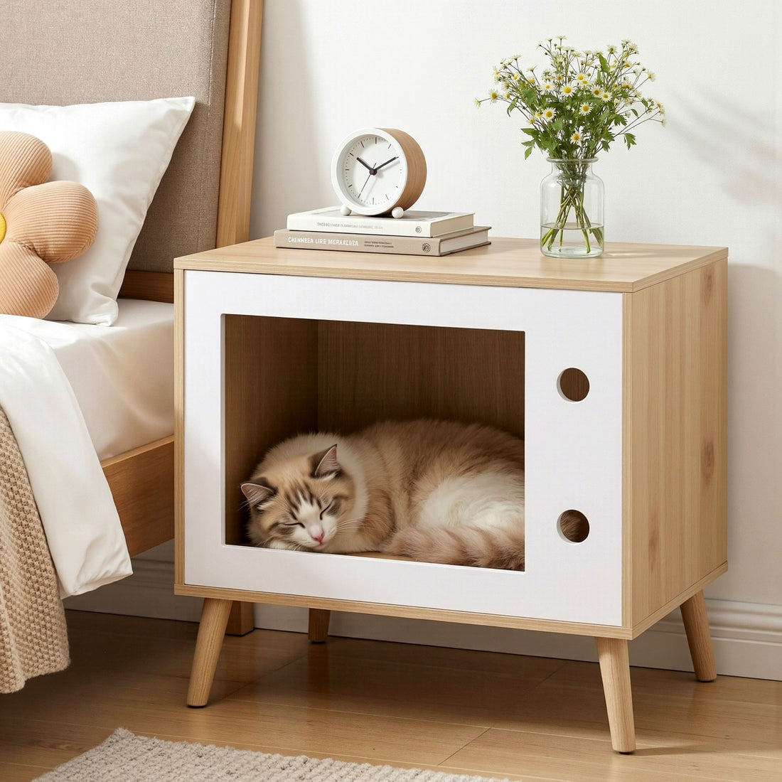 Artiss Cat Nest Bedside Table Solid Wood 60cm-Furniture > Bedroom > Bedside Tables-PEROZ Accessories