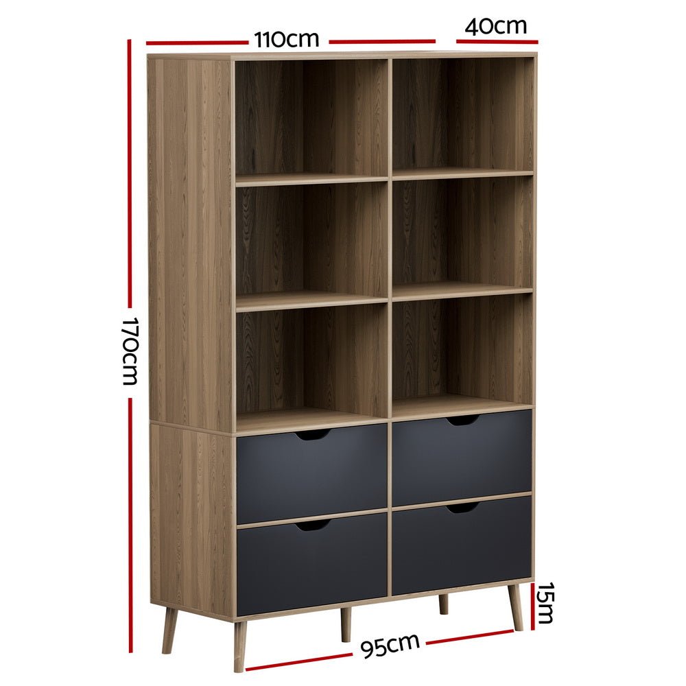 Artiss Bookshelf with 4 Drawers - MITZI Oak and Blue-Furniture &gt; Bedroom-PEROZ Accessories