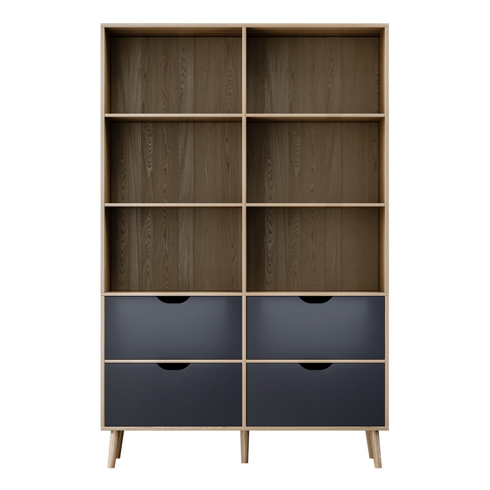 Artiss Bookshelf with 4 Drawers - MITZI Oak and Blue-Furniture &gt; Bedroom-PEROZ Accessories