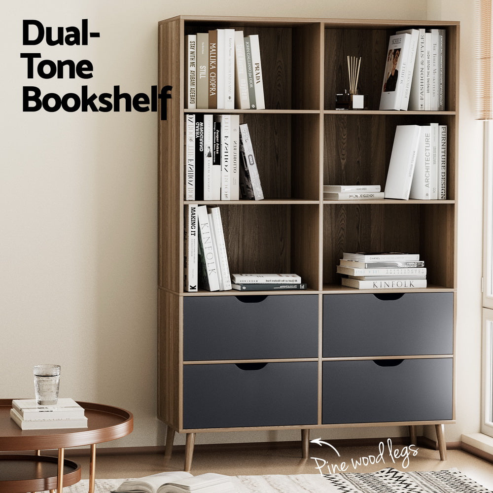 Artiss Bookshelf with 4 Drawers - MITZI Oak and Blue-Furniture &gt; Bedroom-PEROZ Accessories