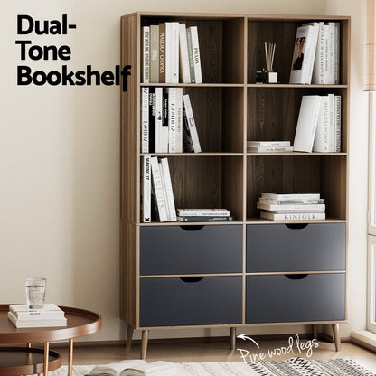 Artiss Bookshelf with 4 Drawers - MITZI Oak and Blue-Furniture &gt; Bedroom-PEROZ Accessories