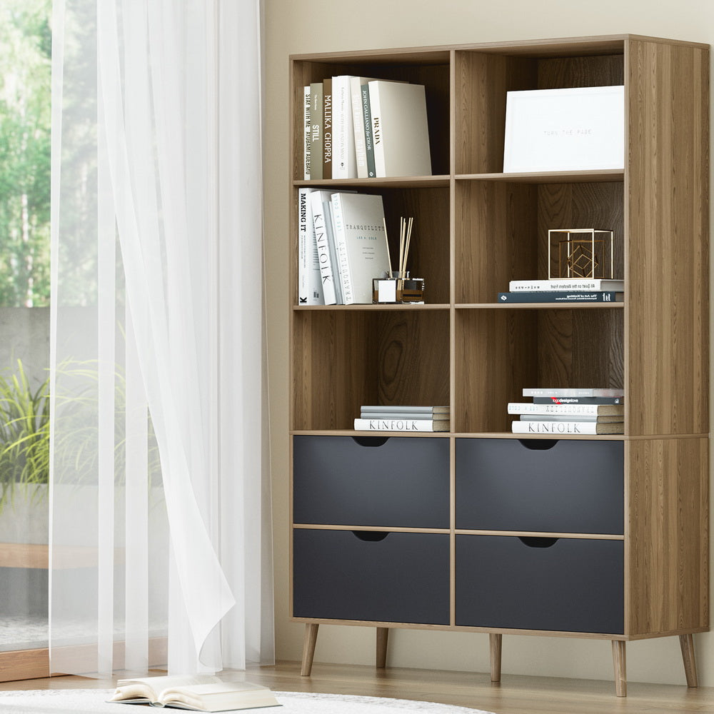 Artiss Bookshelf with 4 Drawers - MITZI Oak and Blue-Furniture &gt; Bedroom-PEROZ Accessories
