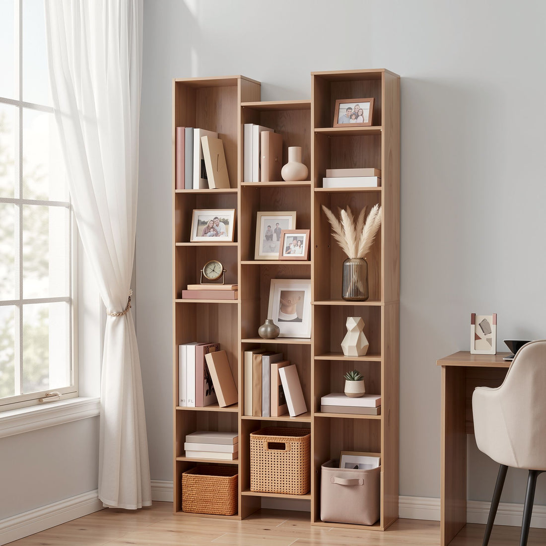 Artiss Bookshelf Display Shelves CD DVD Storage Rack Tall Bookcase Oak-Furniture > Living Room > Bookcases &amp; Shelves-PEROZ Accessories