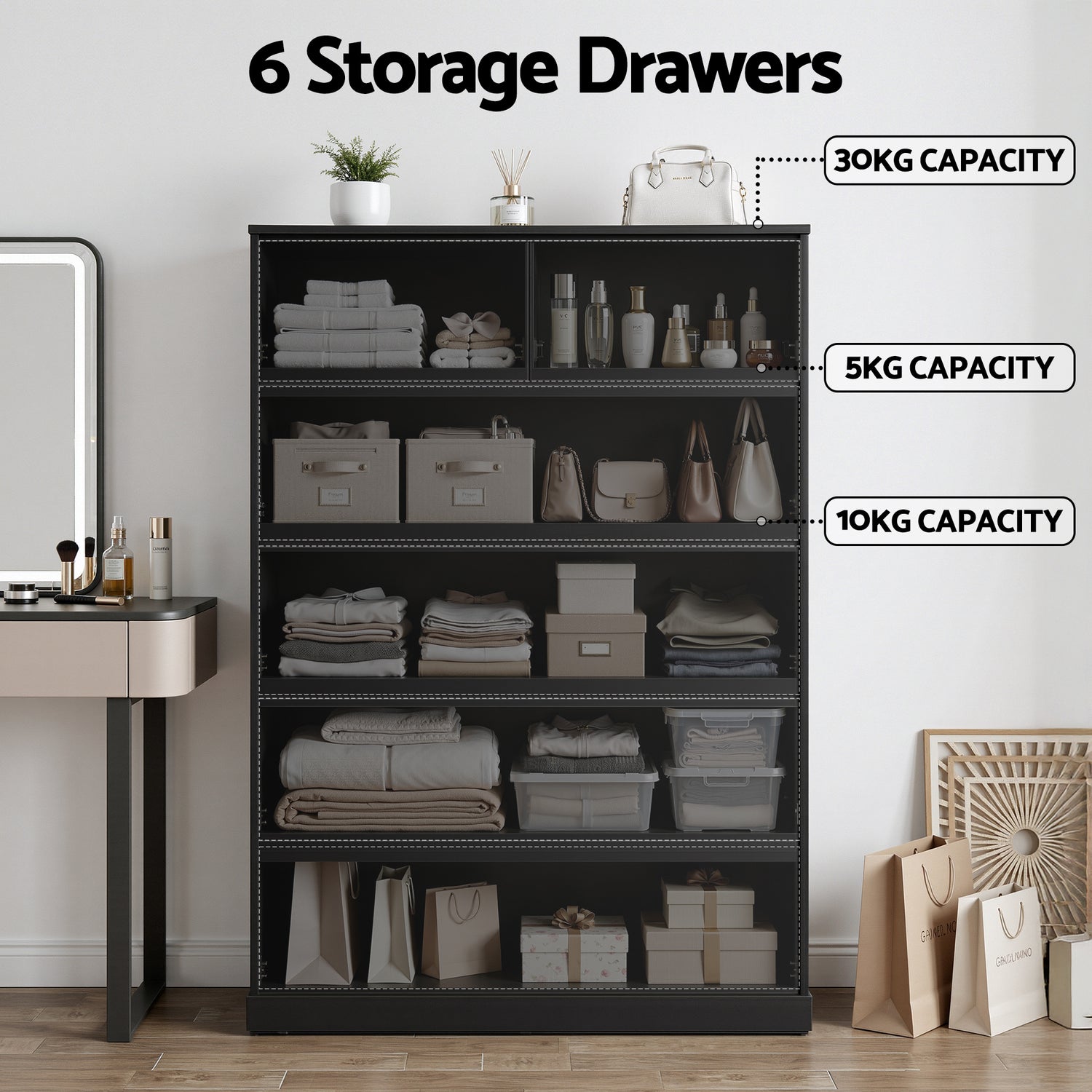 Artiss 6 Chest of Drawers Tallboy PEPE Black-Furniture > Bedroom > Dressers-PEROZ Accessories