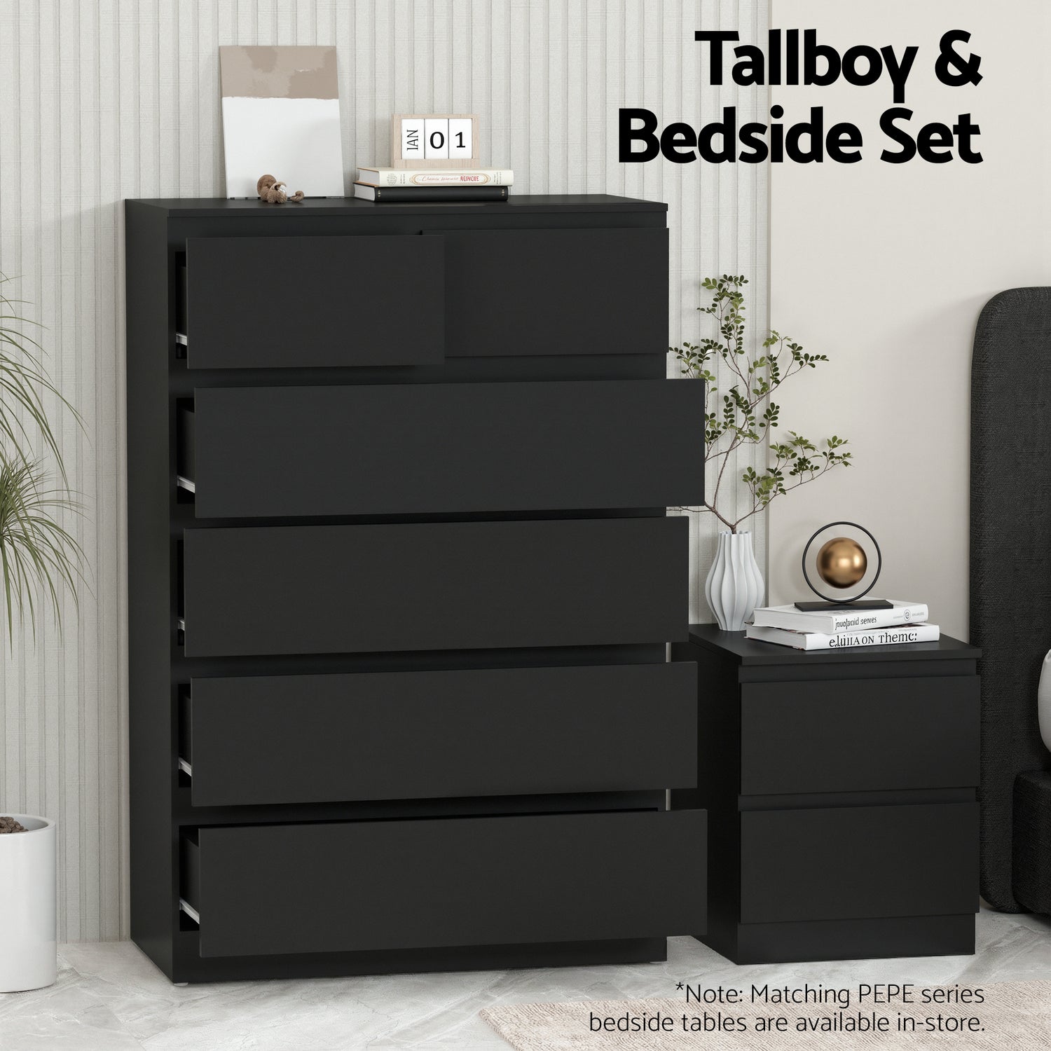 Artiss 6 Chest of Drawers Tallboy PEPE Black-Furniture > Bedroom > Dressers-PEROZ Accessories