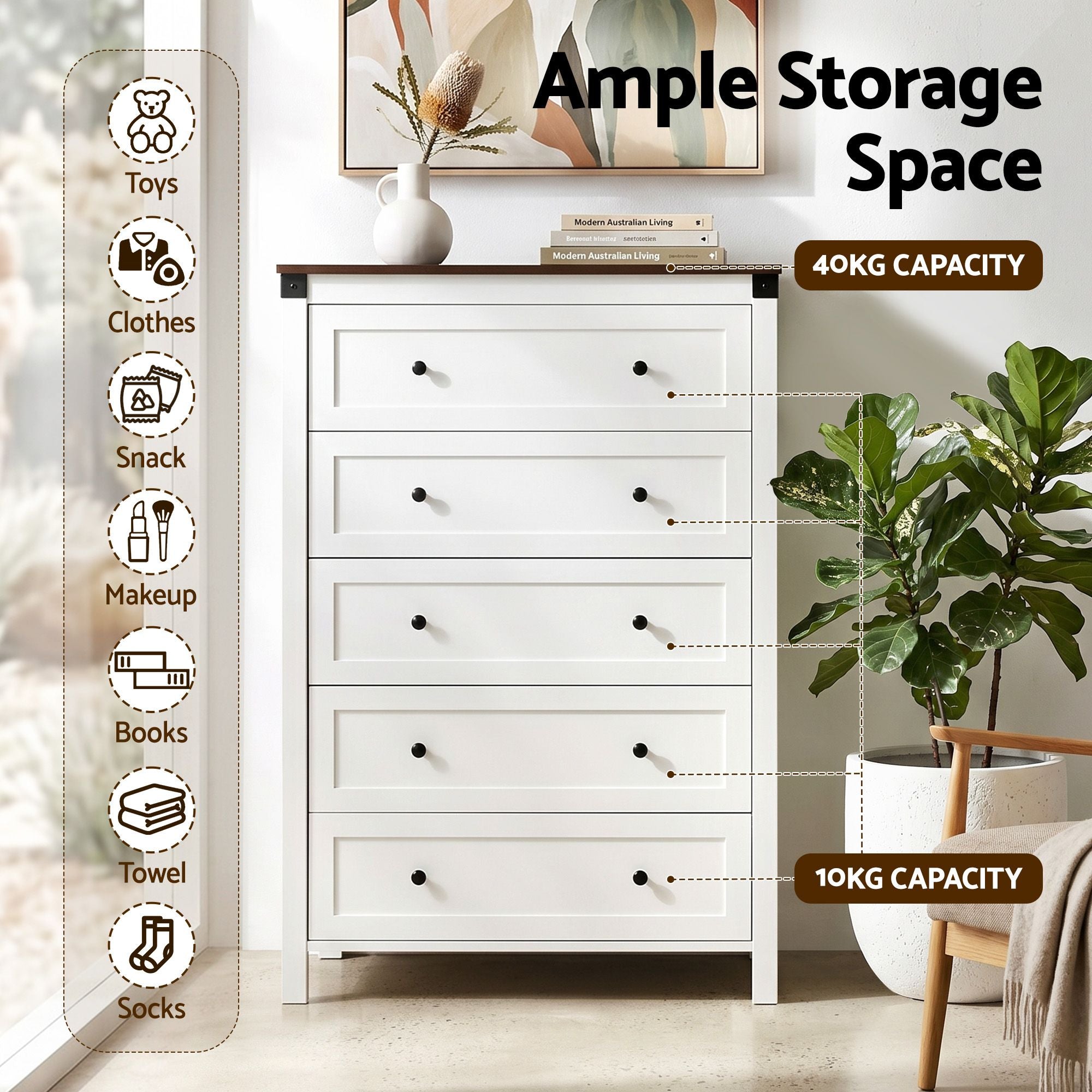 Artiss 5 Chest of Drawers Storage Tallboy White &amp; Walnut