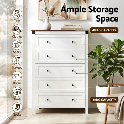 Artiss 5 Chest of Drawers Storage Tallboy White &amp; Walnut