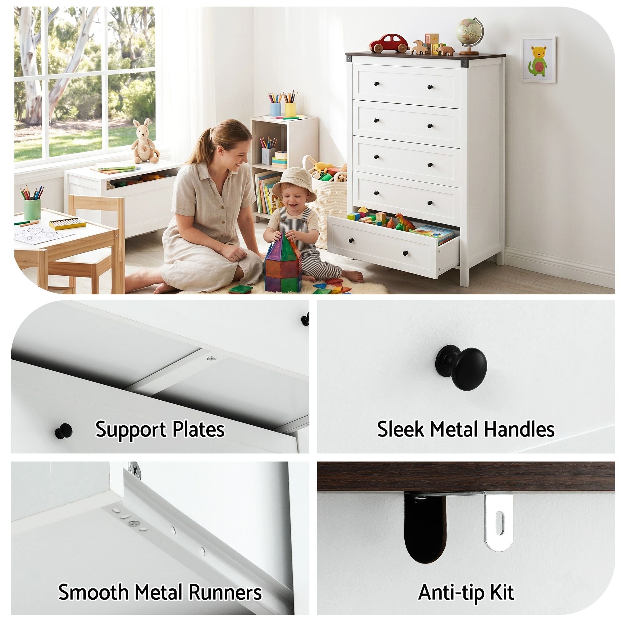 Artiss 5 Chest of Drawers Storage Tallboy White &amp; Walnut