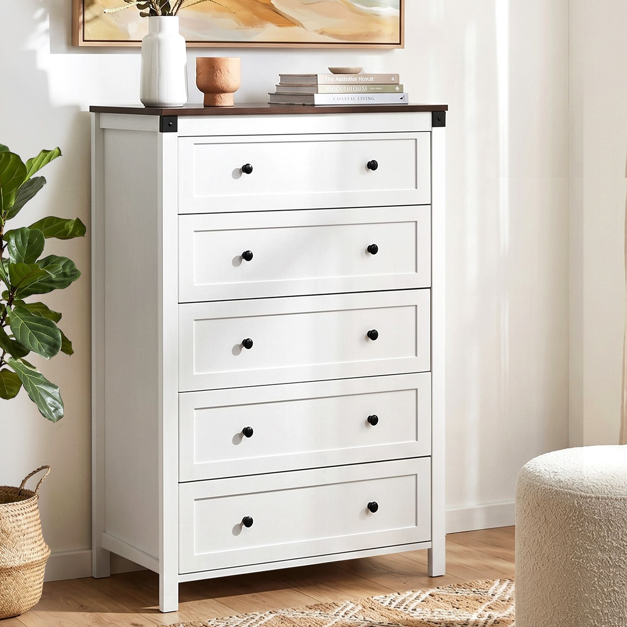 Artiss 5 Chest of Drawers Storage Tallboy White &amp; Walnut