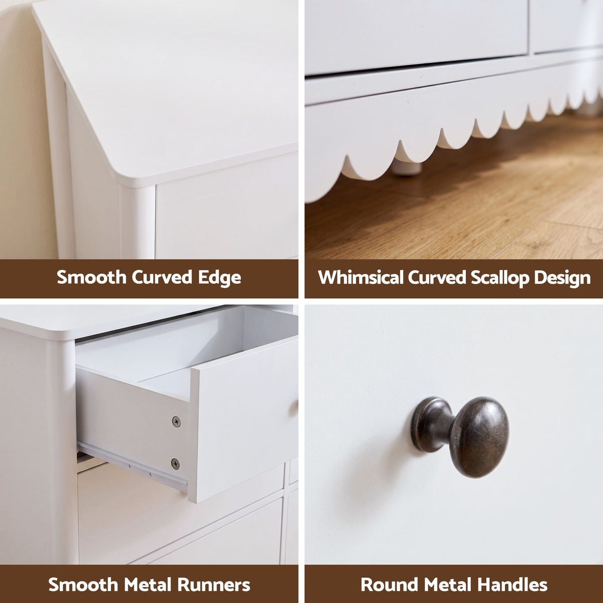 Artiss 6 Chest of Drawers Dresser Lowboy Curved Edge Scalloped White Bedroom-Furniture > Bedroom > Dressers-PEROZ Accessories