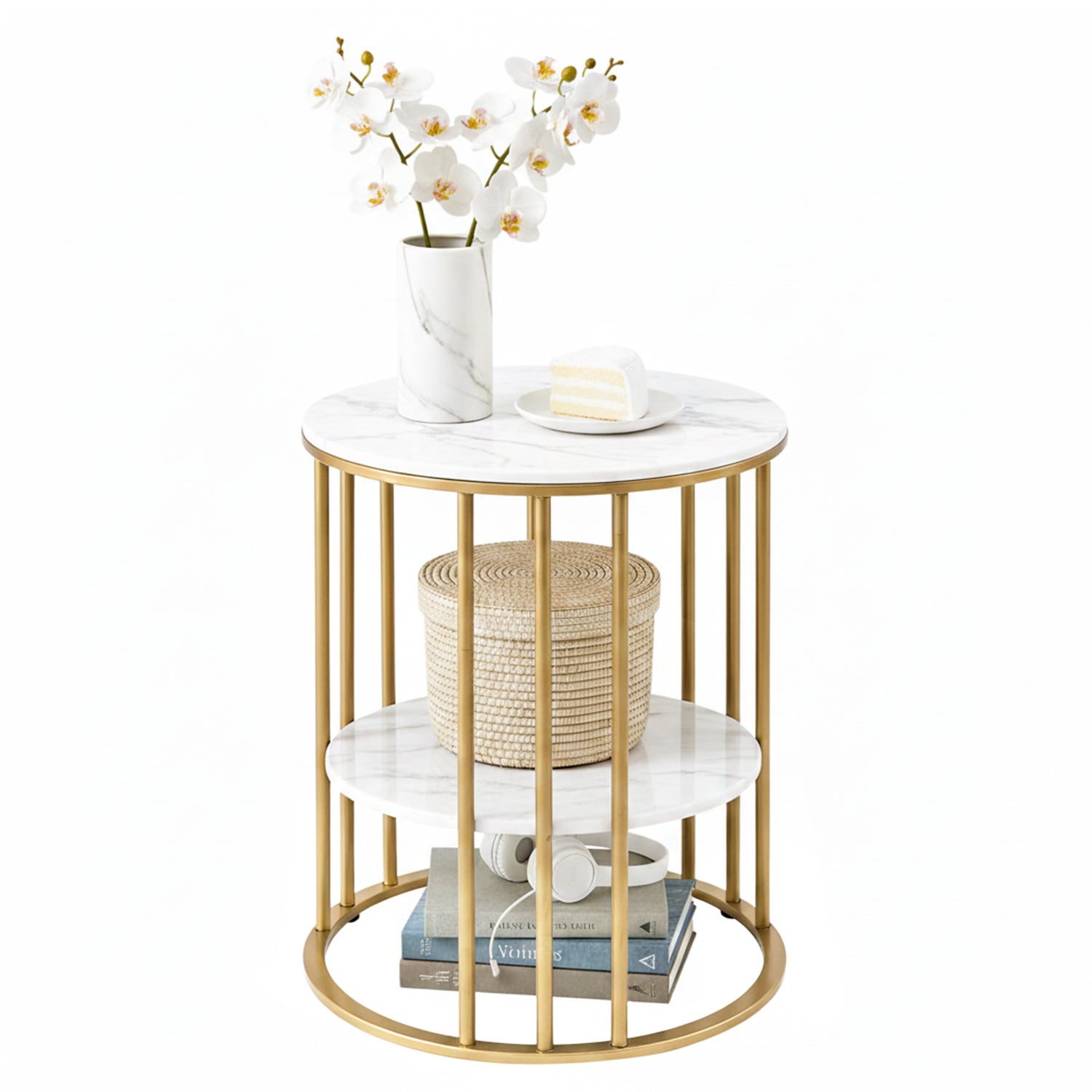 Artiss Coffee Table 2-Tier Round Marble Effect White&amp;Gold-Furniture &gt; Living Room &gt; Coffee Tables-PEROZ Accessories