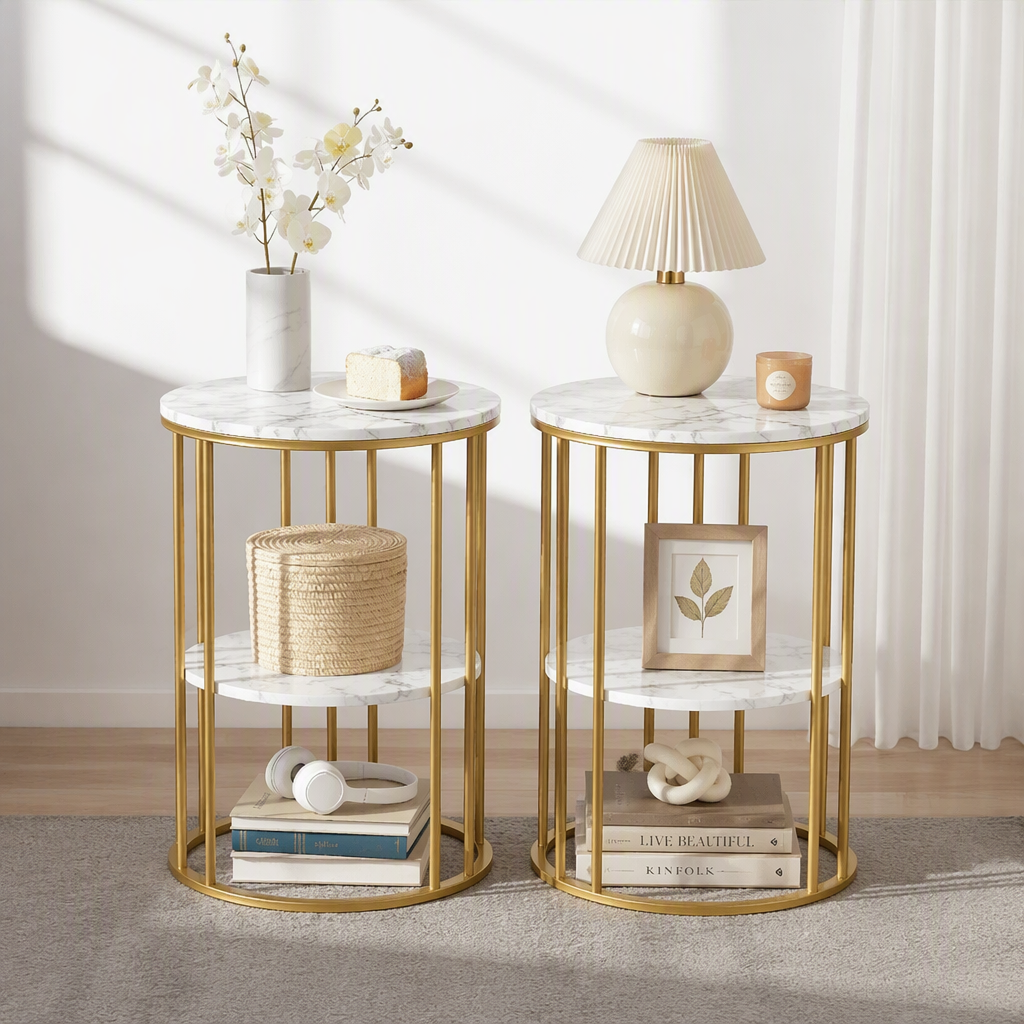 Artiss Side Table Set of 2 Marble Effect Round Coffee Table 2 Tier End Bedside Table Nightstand White&amp;Gold