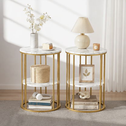 Artiss Side Table Set of 2 Marble Effect Round Coffee Table 2 Tier End Bedside Table Nightstand White&amp;Gold