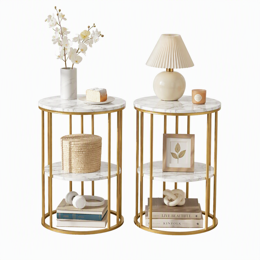 Artiss Side Table Set of 2 Marble Effect Round Coffee Table 2 Tier End Bedside Table Nightstand White&amp;Gold