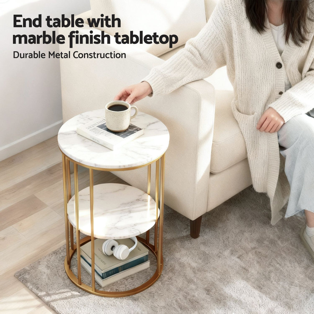 Artiss Side Table Set of 2 Marble Effect Round Coffee Table 2 Tier End Bedside Table Nightstand White&amp;Gold