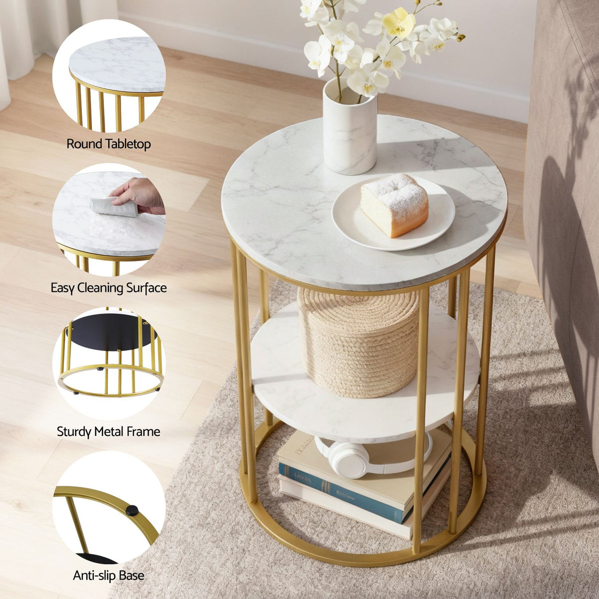 Artiss Side Table Set of 2 Marble Effect Round Coffee Table 2 Tier End Bedside Table Nightstand White&amp;Gold
