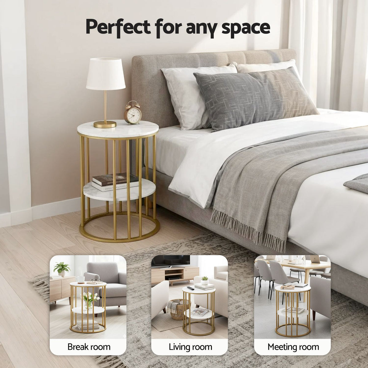 Artiss Side Table Set of 2 Marble Effect Round Coffee Table 2 Tier End Bedside Table Nightstand White&amp;Gold