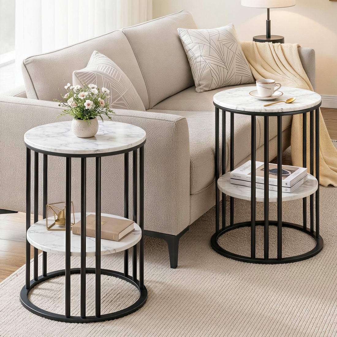 Artiss Set of 2 Side Table Coffee Table 2-Tier Round Marble Effect-Furniture > Living Room > Coffee Tables-PEROZ Accessories