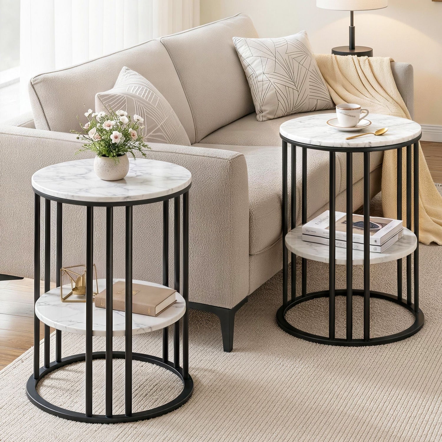 Artiss Set of 2 Side Table Coffee Table 2-Tier Round Marble Effect-Furniture > Living Room > Coffee Tables-PEROZ Accessories