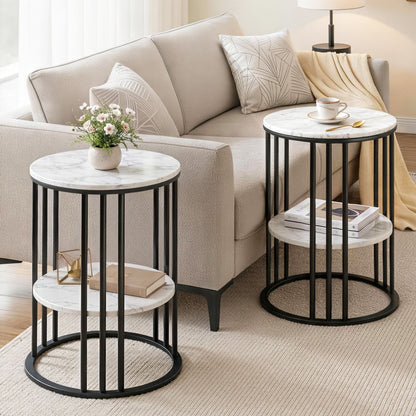 Artiss Set of 2 Side Table Coffee Table 2-Tier Round Marble Effect-Furniture > Living Room > Coffee Tables-PEROZ Accessories