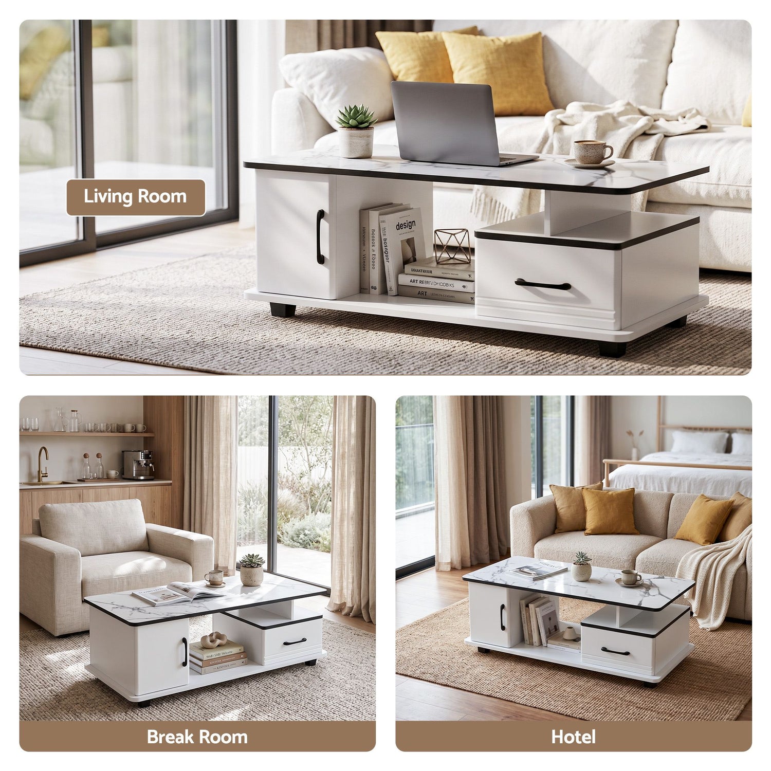 Artiss Coffee Table Marble Finish Center Table with Storage Drawer Cabinet Wood White