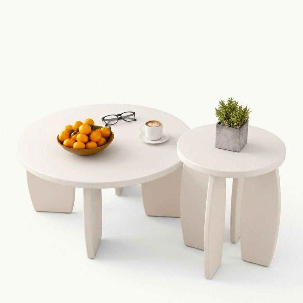 Artiss Coffee Table Set of 2 High Gloss Round Side Bedside Table Wood Living Room Cream