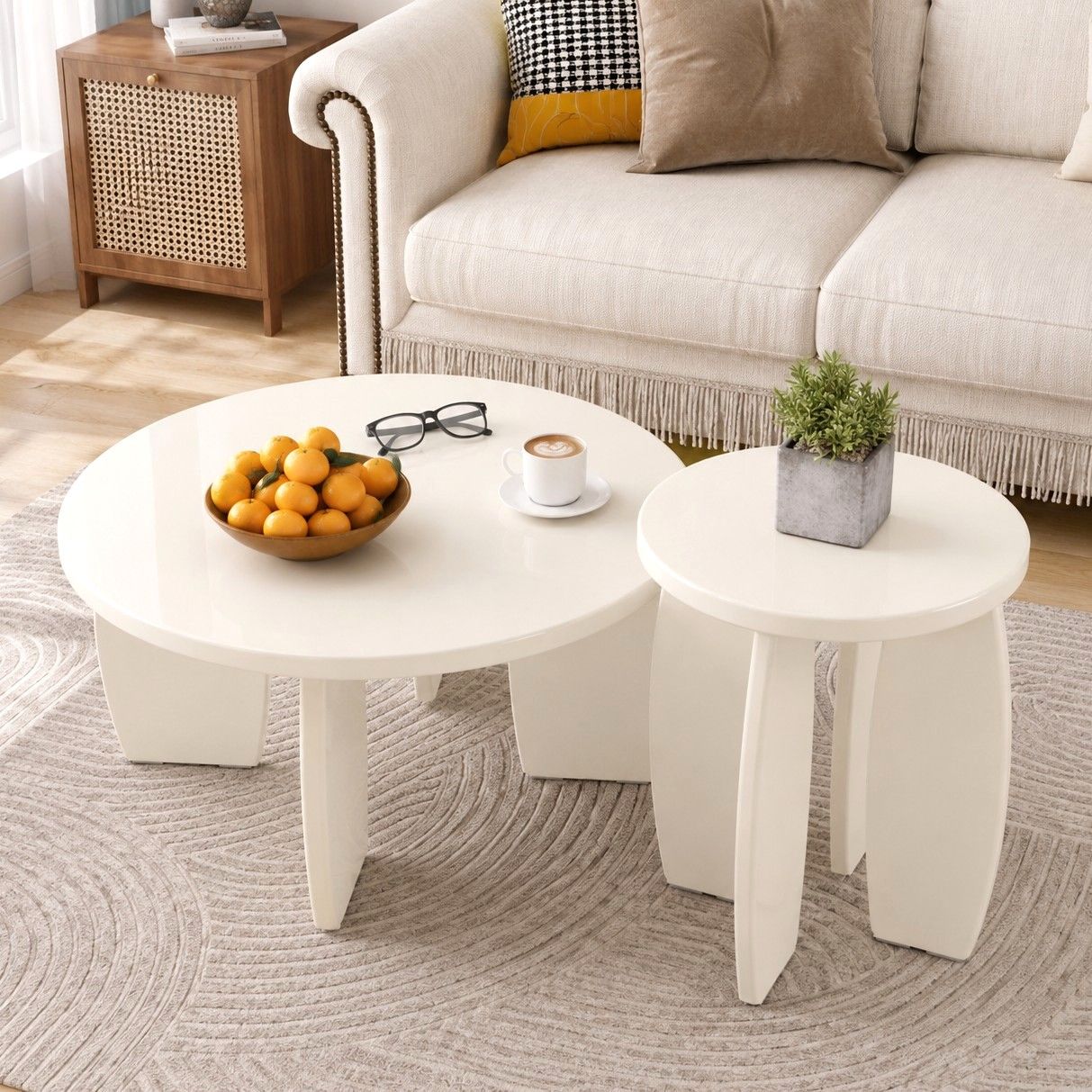 Artiss Coffee Table Set of 2 High Gloss Round Side Bedside Table Wood Living Room Cream