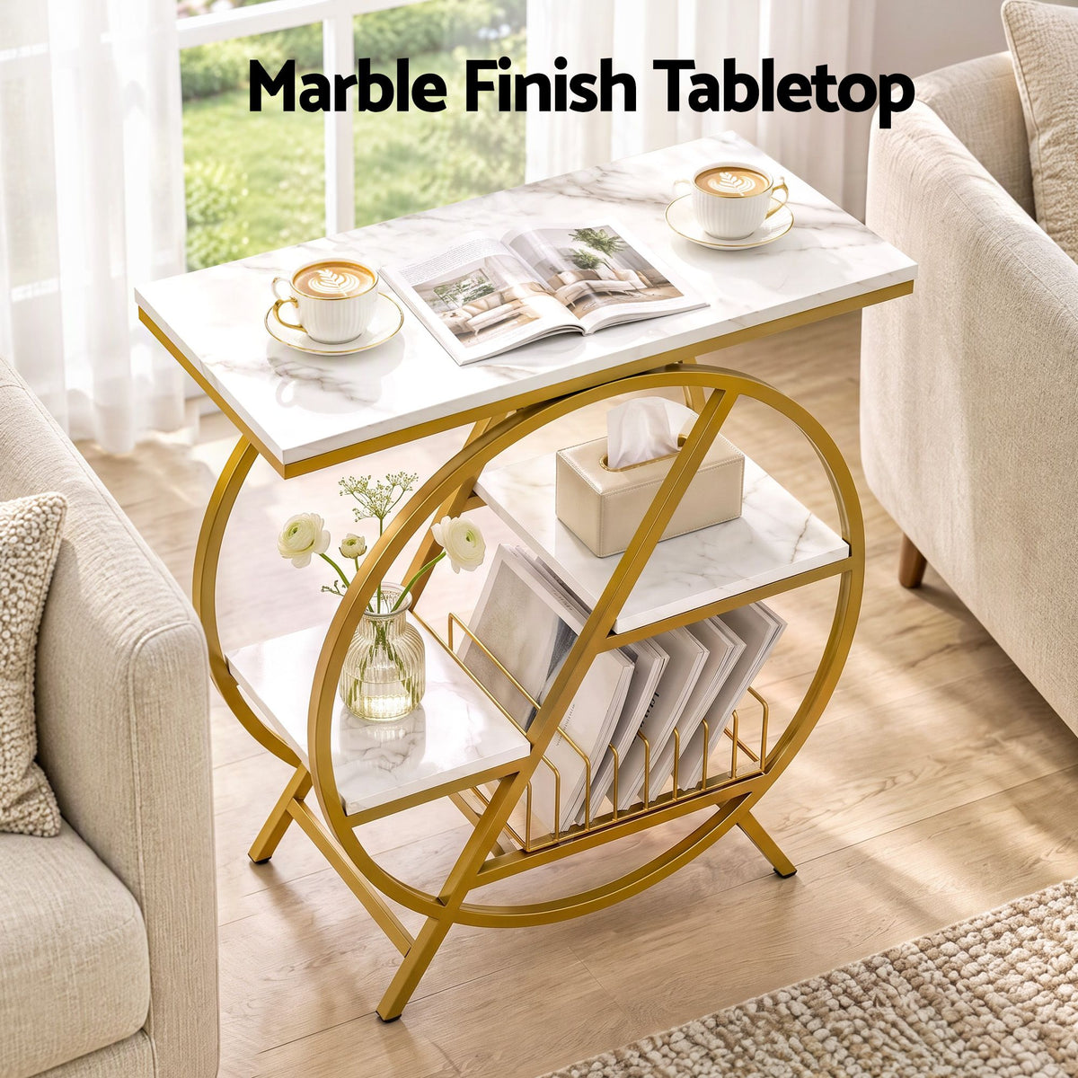 Artiss Side Table Marble Finish Coffee Table Nightstand Storage Shelf White&amp;Gold-Furniture > Living Room > Coffee Tables-PEROZ Accessories