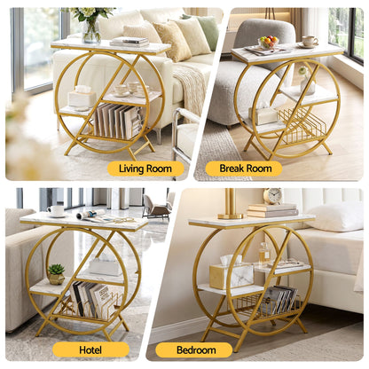 Artiss Side Table Marble Finish Coffee Table Nightstand Storage Shelf White&amp;Gold-Furniture > Living Room > Coffee Tables-PEROZ Accessories