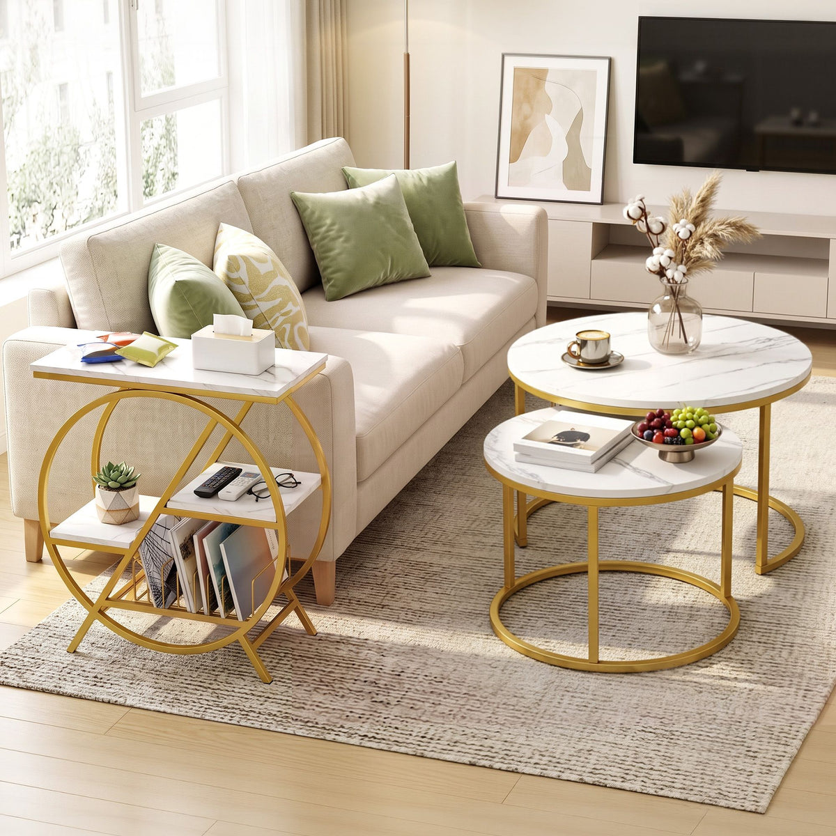 Artiss Side Table Marble Finish Coffee Table Nightstand Storage Shelf White&amp;Gold-Furniture > Living Room > Coffee Tables-PEROZ Accessories