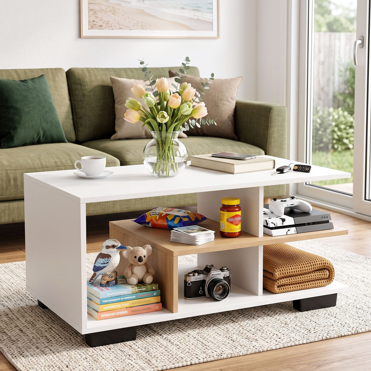 Artiss Coffee Table 90cm Center Table 3 Tier Open Storage Shelf Modern Living Room White &amp; Wood