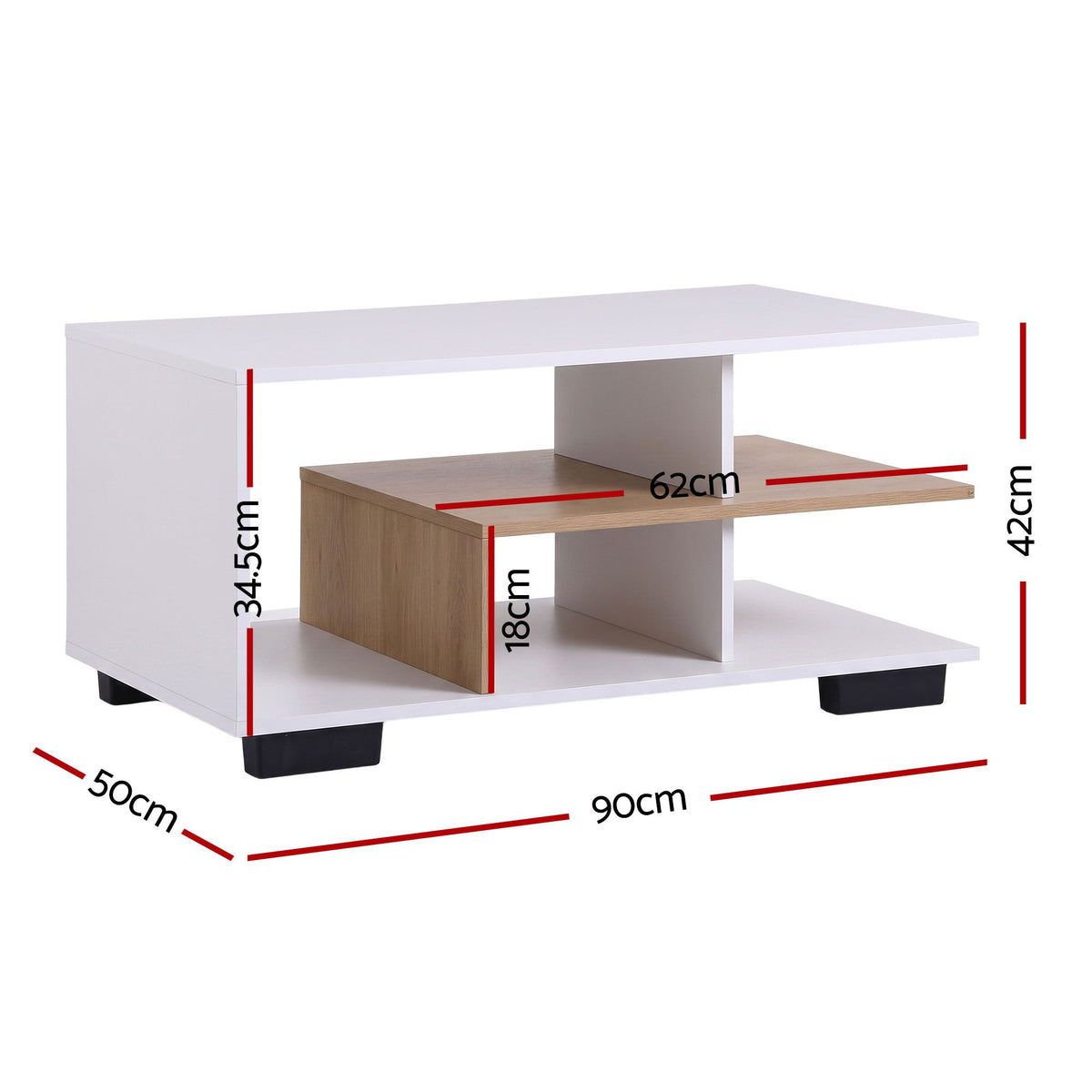 Artiss Coffee Table 90cm Center Table 3 Tier Open Storage Shelf Modern Living Room White &amp; Wood