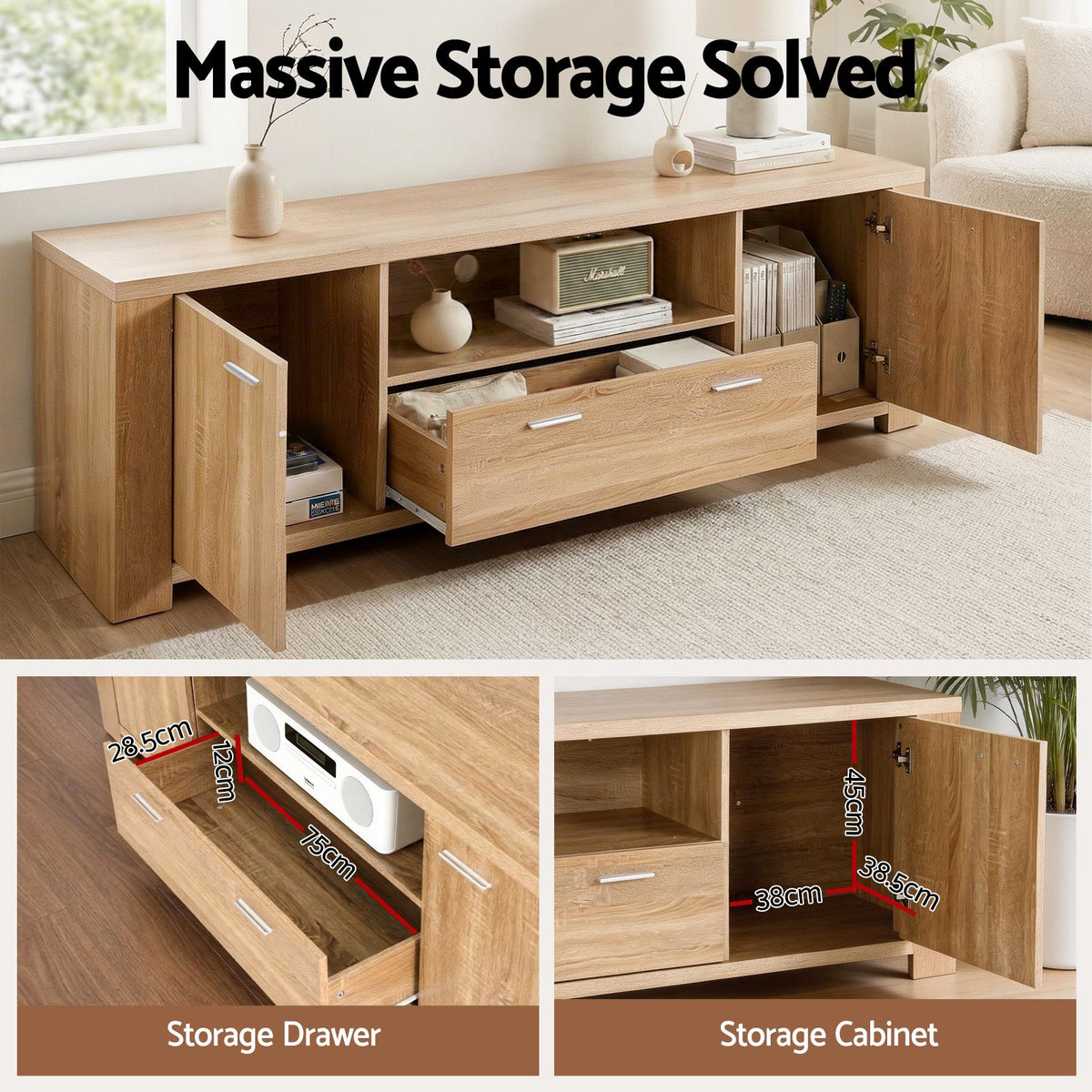 Artiss 180cm TV Unit Entertainment Unit Storage Drawer Cabinet Pine-Furniture > Living Room > TV Units-PEROZ Accessories