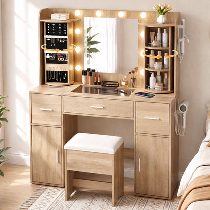 Artiss Dressing Table Vanity Desk LED Mirror Stool Set Charging Station Glass Top Rotating Shelf Wood-Furniture > Bedroom > Dressing Vanity &amp; Dressing Tables-PEROZ Accessories