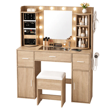 Artiss Dressing Table Vanity Desk LED Mirror Stool Set Charging Station Glass Top Rotating Shelf Wood-Furniture > Bedroom > Dressing Vanity &amp; Dressing Tables-PEROZ Accessories