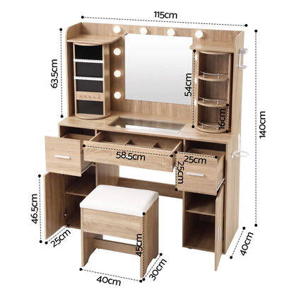 Artiss Dressing Table Vanity Desk LED Mirror Stool Set Charging Station Glass Top Rotating Shelf Wood-Furniture > Bedroom > Dressing Vanity &amp; Dressing Tables-PEROZ Accessories