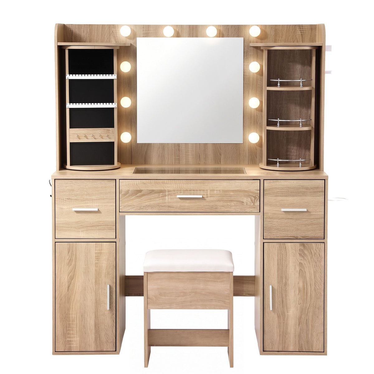 Artiss Dressing Table Vanity Desk LED Mirror Stool Set Charging Station Glass Top Rotating Shelf Wood-Furniture > Bedroom > Dressing Vanity &amp; Dressing Tables-PEROZ Accessories