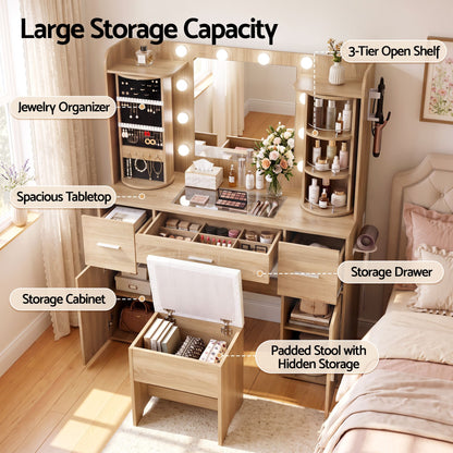 Artiss Dressing Table Vanity Desk LED Mirror Stool Set Charging Station Glass Top Rotating Shelf Wood-Furniture > Bedroom > Dressing Vanity &amp; Dressing Tables-PEROZ Accessories